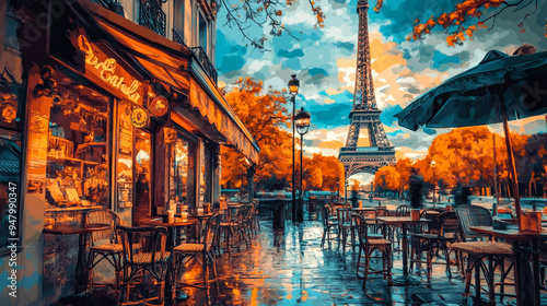 Charming Parisian café scene with the Eiffel Tower in autumn at golden hour, featuring outdoor tables and vibrant surroundings photo