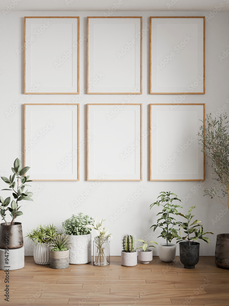 Fototapeta premium Mockup frame set, wood poster empty, in home design, Homey interior design element cozy mockup, 3d render
