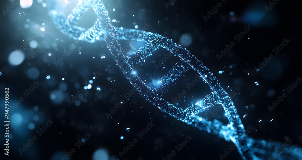 A Blue Double-Helix DNA Structure with Glowing Particles, Capturing the Intricacy and Dynamism of Genetic Material, Ideal for Representing Themes of Genetics, Molecular Biology, and Scientific Innovat A Blue Double-Helix DNA Structure with Glowing Particles, Capturing the Intricacy and Dynamism of Genetic Material, Ideal for Representing Themes of Genetics, Molecular Biology, and Scientific Innovat