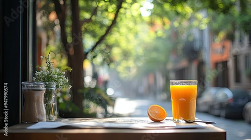 Fototapeta Naklejka Na Ścianę i Meble -  and a small glass of orange juice, set on a cafe table with a view of the street outside