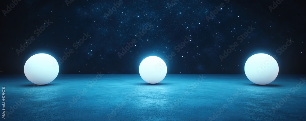 Fototapeta premium Stage lights in the shape of celestial bodies, starry night backdrop, cool blue tones, serene and mystical mood