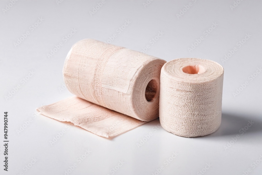 Fototapeta premium Closeup of two rolls of Rolled beige bandage on a white background