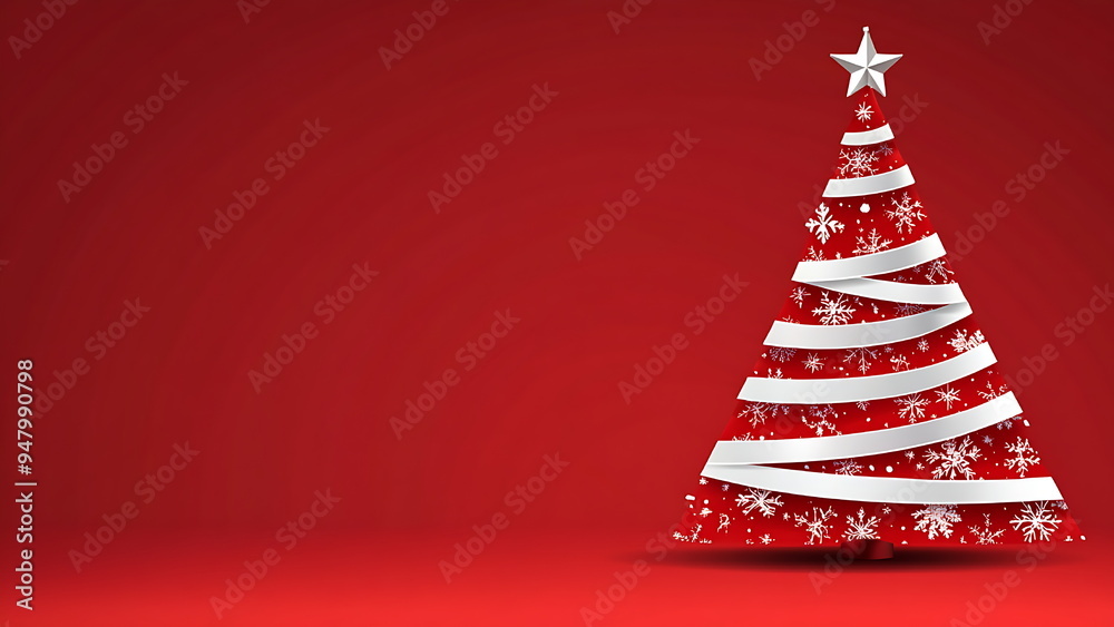 A red Christmas tree with white ribbon and snowflakes on red background and copy space A red Christmas tree with white ribbon and snowflakes on red background and copy space