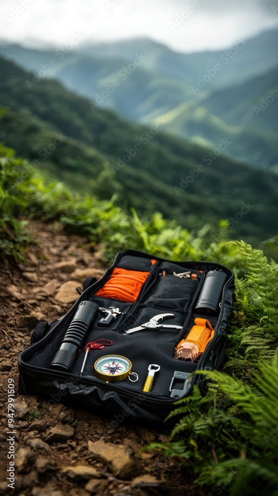 Outdoor survival kit on a mountain trail, essential tools for adventure and exploration, set against a scenic green landscape. Outdoor survival kit on a mountain trail, essential tools for adventure and exploration, set against a scenic green landscape.