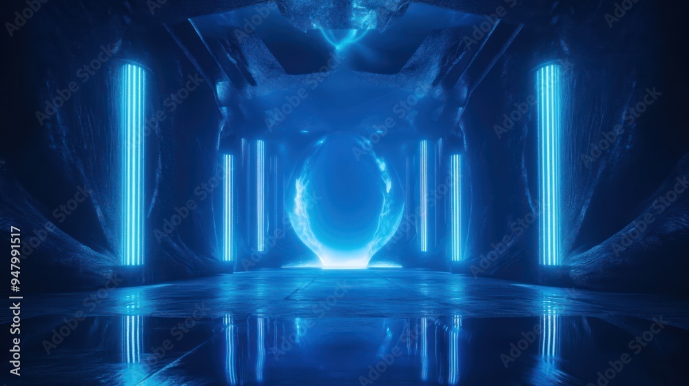 Futuristic Blue Neon Hallway with Glowing Pillars and Reflective Floor Futuristic Blue Neon Hallway with Glowing Pillars and Reflective Floor