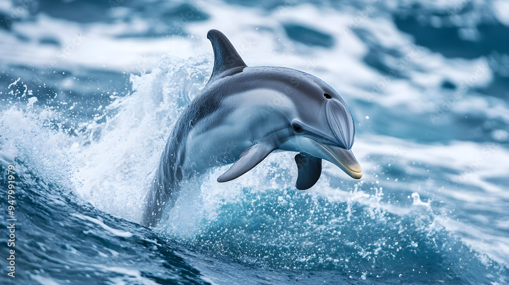 Fototapeta premium Joyful Dolphin Leaping Through Crashing Ocean Waves