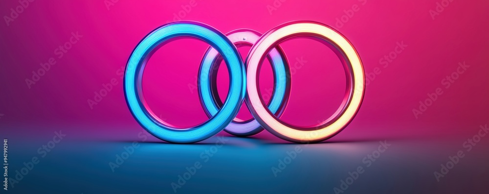 Interlocking rings of light, bright neon colors, dynamic and energetic visual, modern concert vibe Interlocking rings of light, bright neon colors, dynamic and energetic visual, modern concert vibe