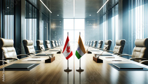 A modern conference room with Canada and India flags on a long table, symbolizing a bilateral meeting or diplomatic discussions between the two nations.
