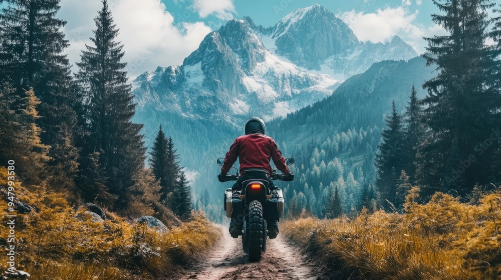 Motorcyclist rides through scenic forest trail with towering pine trees and majestic snow-capped mountains in background. Adventure and off-road motorsport. Concept of extreme sport motorsport Motorcyclist rides through scenic forest trail with towering pine trees and majestic snow-capped mountains in background. Adventure and off-road motorsport. Concept of extreme sport motorsport