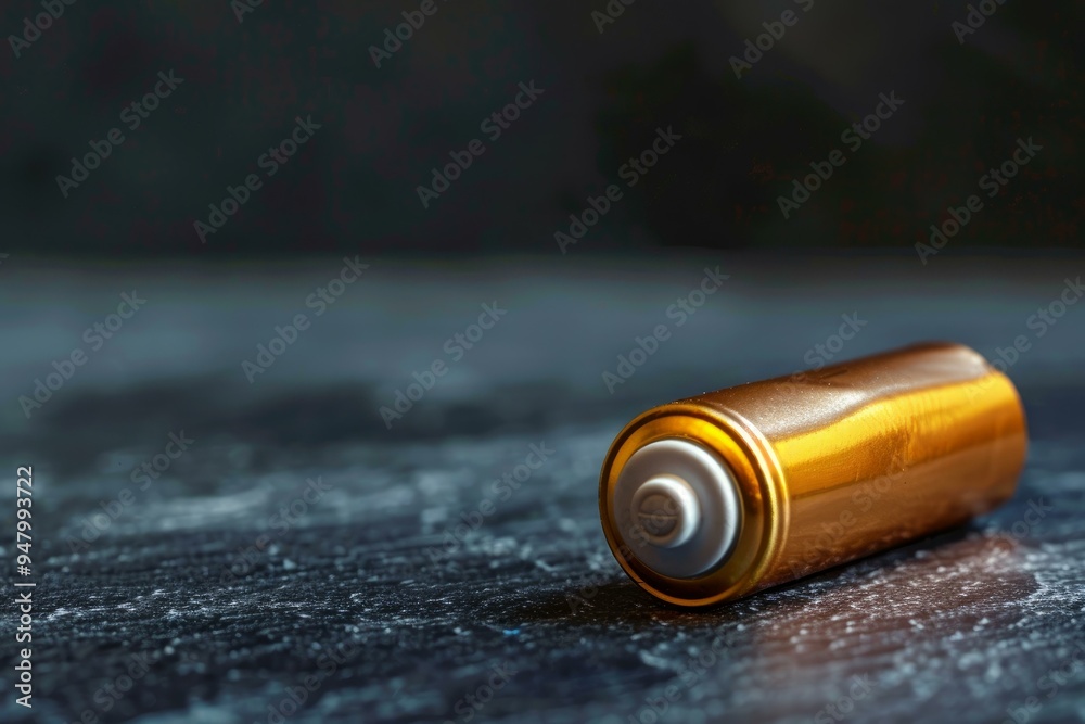 Single golden aa battery laying on a dark grey textured surface Single golden aa battery laying on a dark grey textured surface
