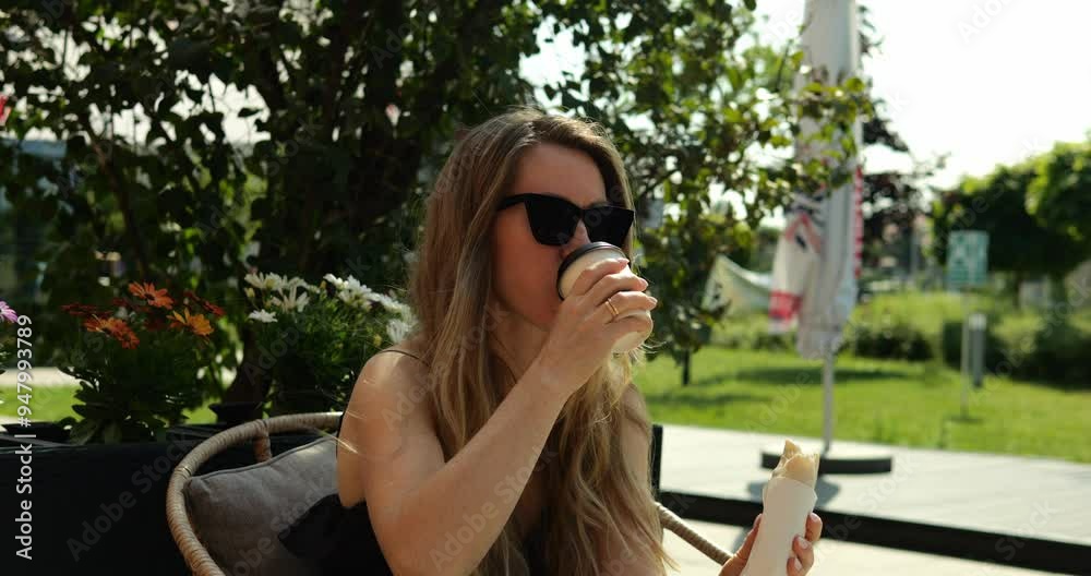 Female cafe visitor leisurely drinks coffee served with pastries on summer terrace in park. Businesswoman has lunch in street cafe during break Female cafe visitor leisurely drinks coffee served with pastries on summer terrace in park. Businesswoman has lunch in street cafe during break