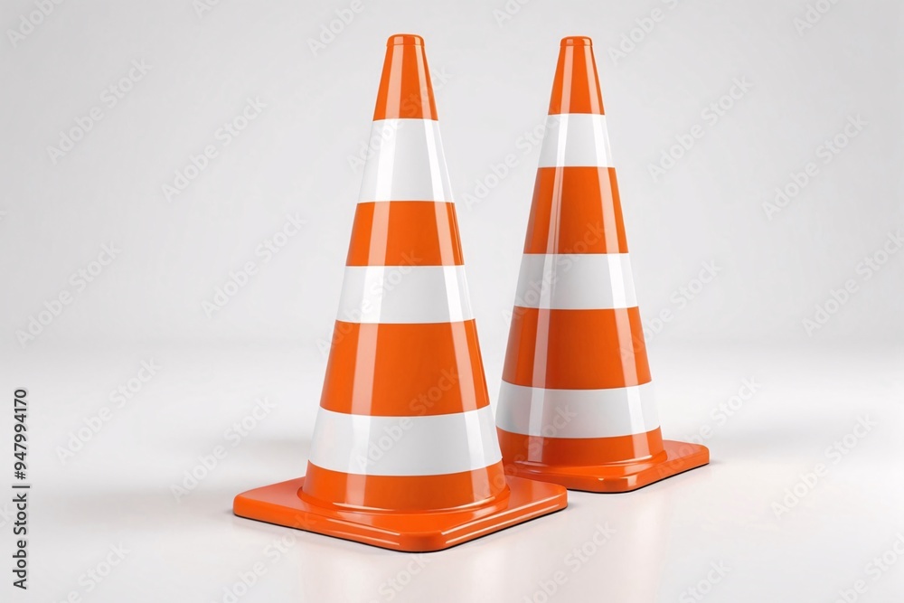 Two orange and white traffic cones on a white background. Two orange and white traffic cones on a white background.