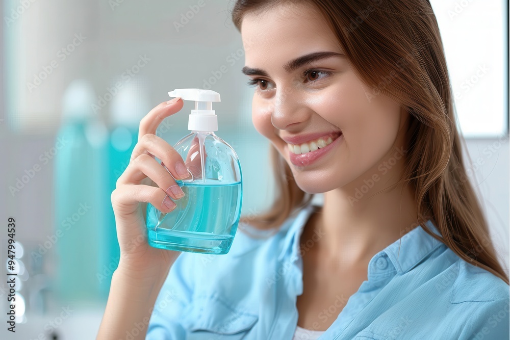 Happy smiling healthy young woman using in bathroom a mouthwash gel to rinsing mouth, fresh breath, dental and gums health. Oral hygiene and teeth care Happy smiling healthy young woman using in bathr Happy smiling healthy young woman using in bathroom a mouthwash gel to rinsing mouth, fresh breath, dental and gums health. Oral hygiene and teeth care Happy smiling healthy young woman using in bathr