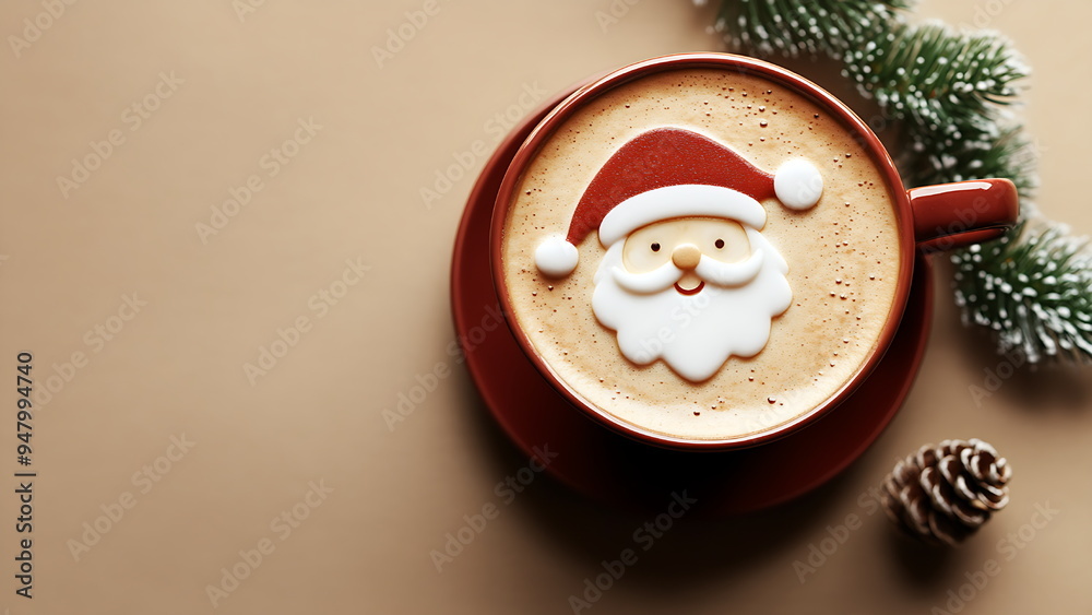 Fototapeta premium A cup of latte cappucino with Santa Claus face design with copy space