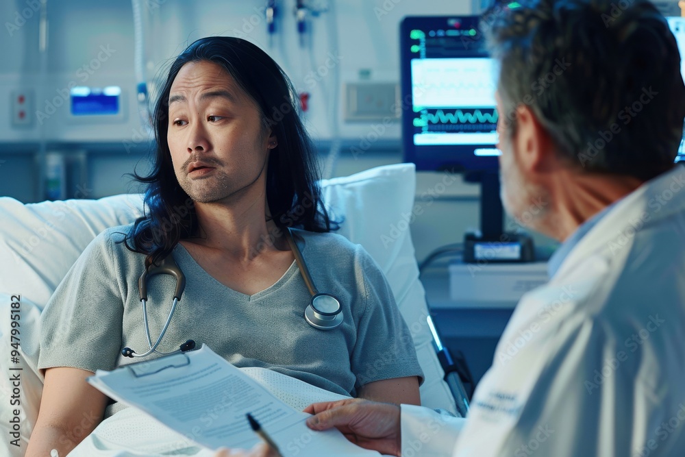 Doctor writing notes while talking to male patient Female doctor writing notes while talking to male patient in hospital ward Doctor writing notes while talking to male patient Female doctor writing notes while talking to male patient in hospital ward