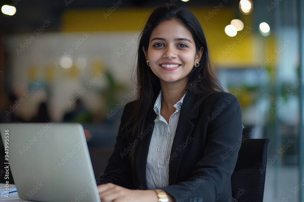 Young businesswoman looking front side and smiling while using laptop Young businesswoman looking front side and smiling while using laptop