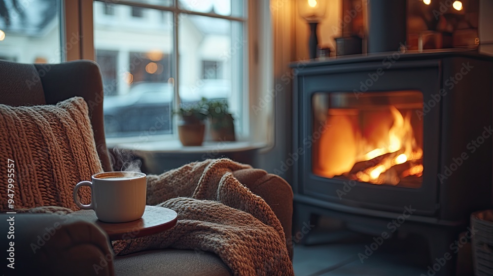 custom made wallpaper toronto digital7. A cozy corner with a comfortable chair and a table set in front of a fireplace in a cozy cafe, a mug of coffee warming the scene, with soft lighting adding to the warmth
