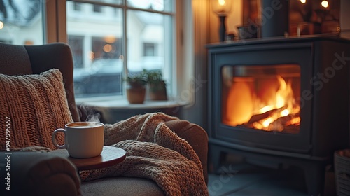 7. A cozy corner with a comfortable chair and a table set in front of a fireplace in a cozy cafe, a mug of coffee warming the scene, with soft lighting adding to the warmth