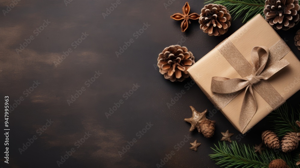 Fototapeta premium Festive Delights: Captivating Top View of Christmas Gift Adorned with Pine Cones and Cinnamon Sticks