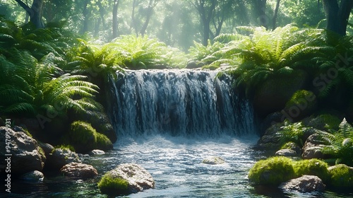 Mossy Waterfall Cascading Through Lush Ferns in Peaceful Forest Landscape