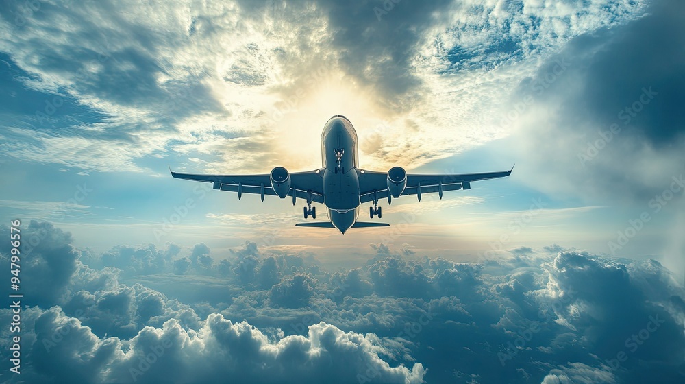 Passenger plane flying in the sky with amazing clouds in the background, traveling by air transport for investors and business advertising Passenger plane flying in the sky with amazing clouds in the background, traveling by air transport for investors and business advertising