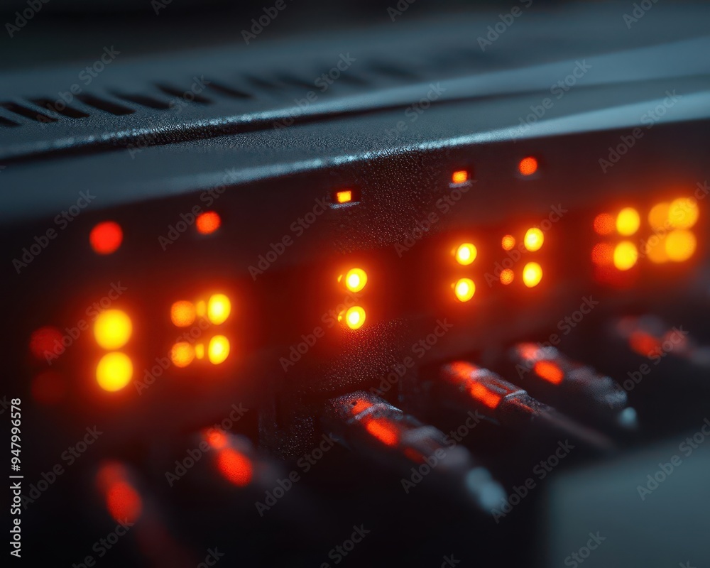 Modem with signal lights blinking, indicating an active internet connection Modem with signal lights blinking, indicating an active internet connection