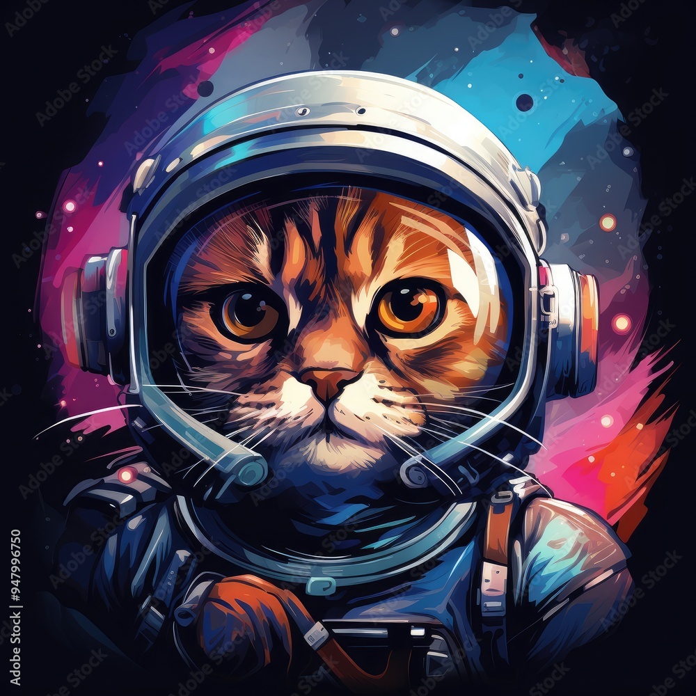 Obraz premium A cat in a spacesuit against the backdrop of a space landscape