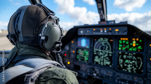 A close-up image of a pilot inside a fighter jet's cockpit, showcasing the intense focus and advanced avionics systems that guide modern aerial missions.