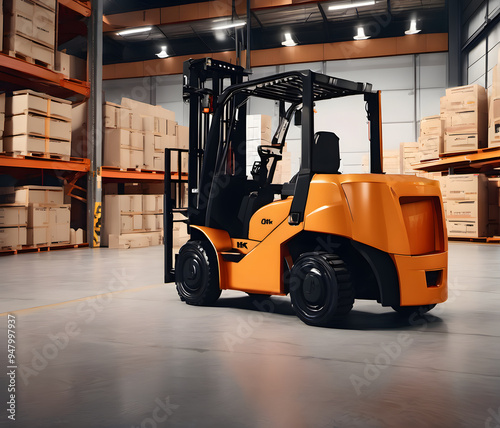 A forklift is seen in a warehouse, efficiently moving boxes on high shelves. This highlights the importance of logistics and storage operations.