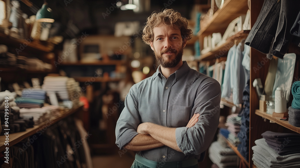 A confident small business owner stands proudly in his clothing store