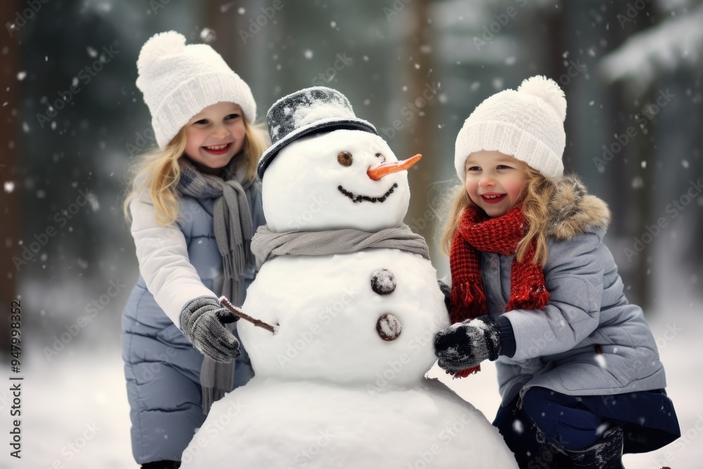 A happy family build a snowman together happiness christmas outdoors. A happy family build a snowman together happiness christmas outdoors.