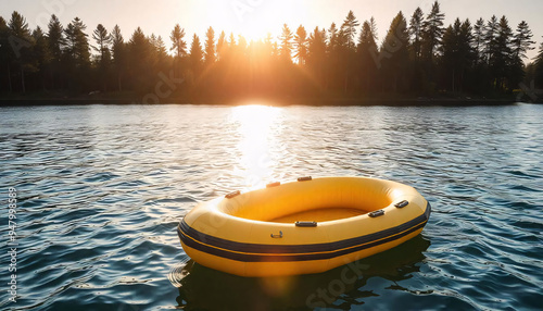 A yellow inflatable boat floating on a calm lake or ocean, with pine trees and a bright sun in the background, Yellow canoes on the lake