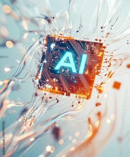 illustration of the chip with AI, floating above it, with a blue color scheme. Ai computer data center render