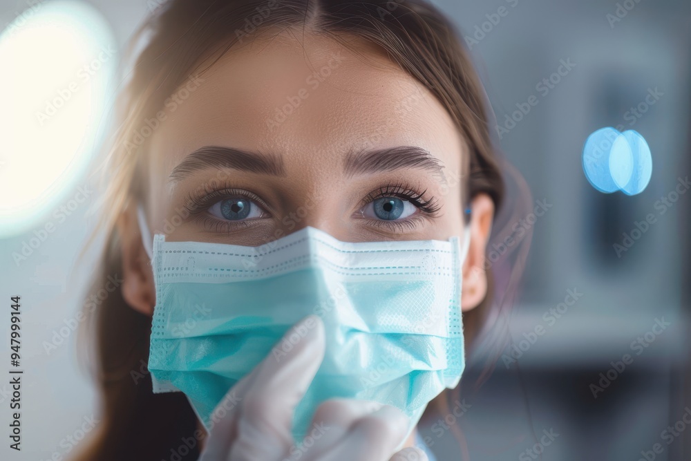 Female doctor with surgical mask on Young medical professional with procedure mask on her face
