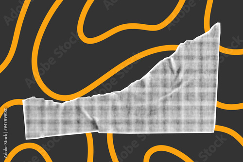 Halftone collage element isolated on dark background. Torn piece of paper tape with jagged edges. Cut and ripped sheet, yellow doodle lines, crumpled corner.