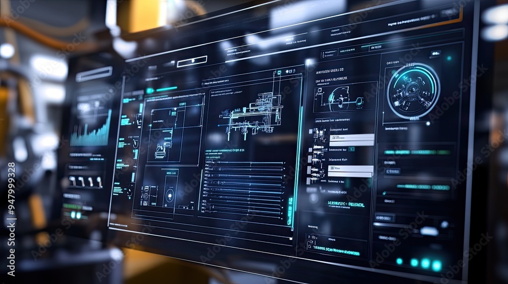 Obraz premium Digital interface showcasing an automated industrial workflow with checkboxes indicating process optimization and completion.