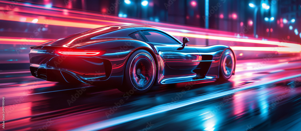 Futuristic sports car speeding through city at night with neon lights creating dynamic motion blur Futuristic sports car speeding through city at night with neon lights creating dynamic motion blur