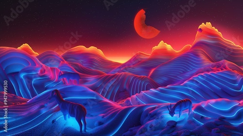 Neon Landscape with Three Gazelles Under a Red Moon