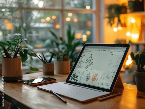 Tablet with a stylus on a designer s desk, displaying a digital sketch photo