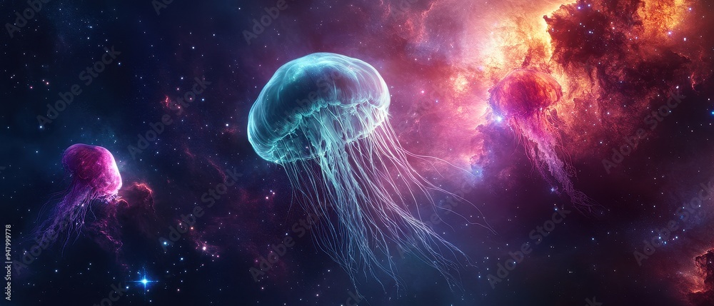 Cosmic Jellyfish Floating in Space with Vibrant Nebulae and Stars in the Background Cosmic Jellyfish Floating in Space with Vibrant Nebulae and Stars in the Background