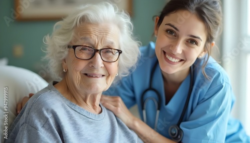 An elderly senior old woman patient with g smiling beautiful young medical nurse in light blue uniform