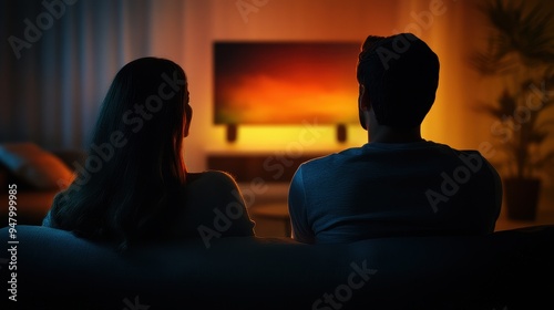 Cozy Evening at Home: Couple Watching TV in a Modern Living Room with Ambient Lighting