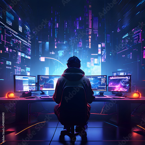 A minimalistic yet technical futuristic hacker concept, with a black background dominating and crafted with glowing elements