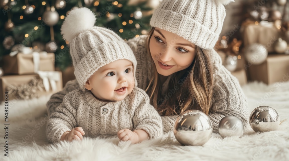 Loving Mother and Adorable Baby Celebrating Cozy Winter Holidays Together Loving Mother and Adorable Baby Celebrating Cozy Winter Holidays Together