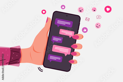 Hand of woman holding a mobile phone with message bubble chats on screen. Social media, chat with friends and send emotion icons. Vector illustration.