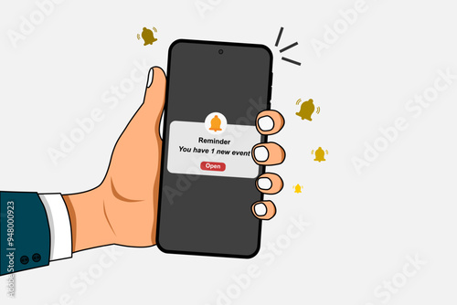 Businessman holding a mobile phone with reminder notifications page on screen. New event notice message on mobile phone. Vector illustration.