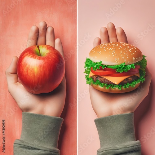 One hand holding apple fruit, other holding hamburger. Healthy natural organic fresh vegetarian food vs unhealthy processed fast junk food meat. Nutrition diet lifestyle, fitness eating choice photo