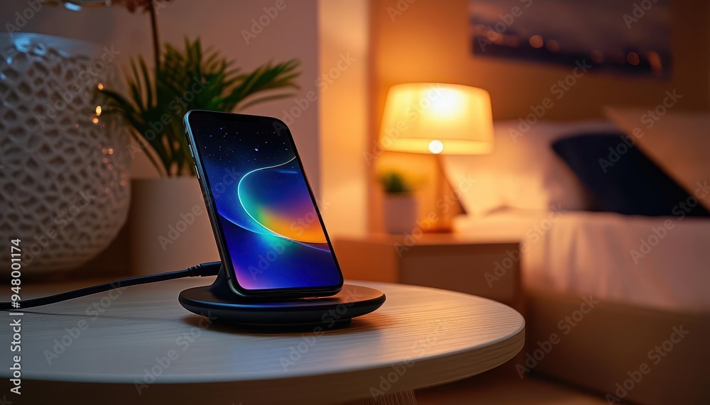 Wireless charger with stand charging a smartphone on a bedside table Wireless charger with stand charging a smartphone on a bedside table