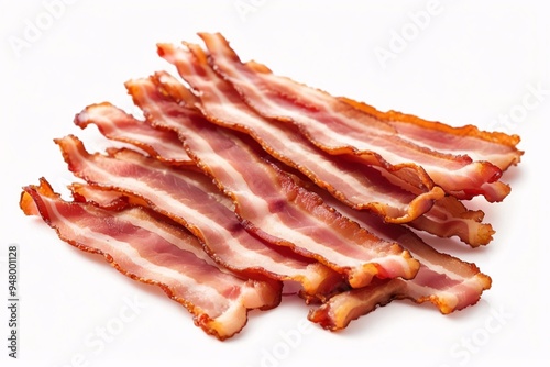 Crispy, cooked bacon strips on a white background.
