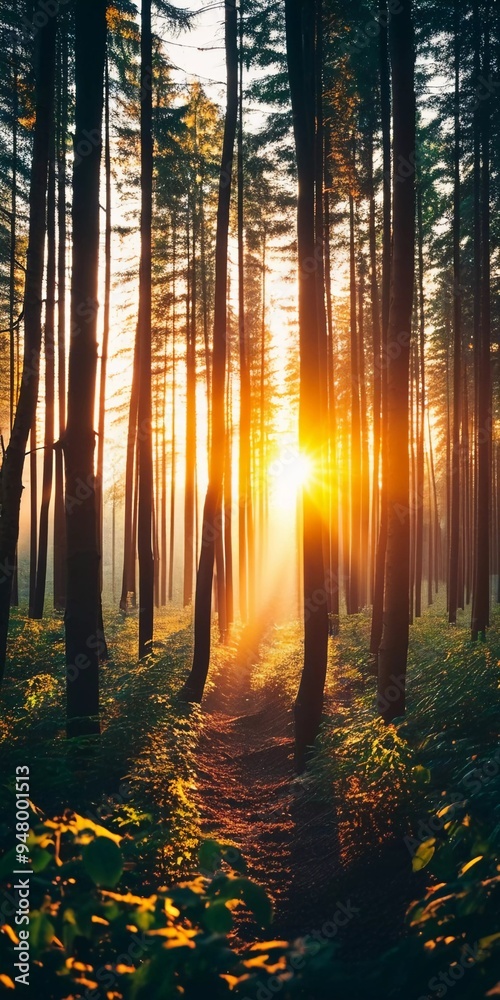 Obraz premium Sunlight filters through dense canopy of forest, warm inviting rays of light onto vibrant green foliage. Tranquil atmosphere beauty of nature. Rich ecosystem. Blissful environment. Wonder of nature AI